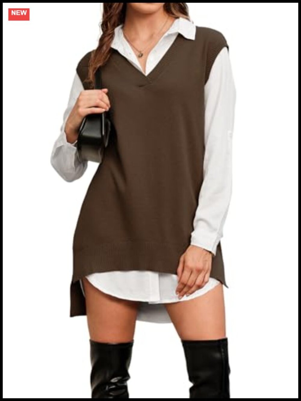 Wool Blend Sweater Vest V Neck High Low Side Slit Sleeveless